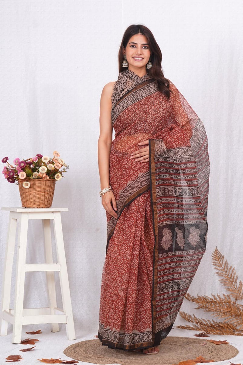 RangBagru Hand Block Printed Kota Doriya Saree with Blouse Piece