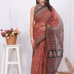 RangBagru Hand Block Printed Kota Doriya Saree with Blouse Piece
