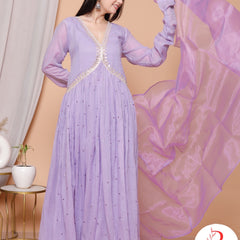 Phoolvadi – Lavender Handworked Mulmul Anarkali Set