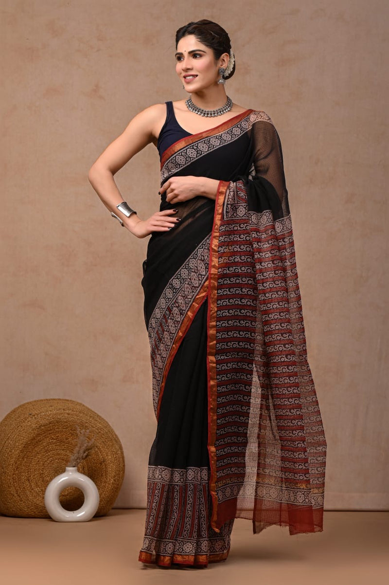 RangBagru Hand Block Printed Kota Doriya Saree with Blouse Piece