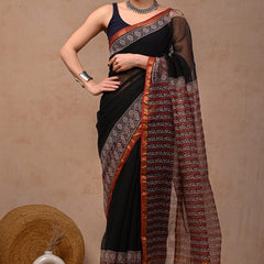 RangBagru Hand Block Printed Kota Doriya Saree with Blouse Piece