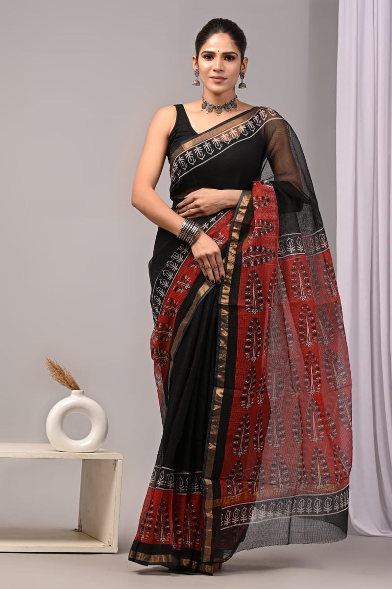 RangBagru Hand Block Printed Kota Doriya Saree with Blouse Piece