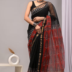 RangBagru Hand Block Printed Kota Doriya Saree with Blouse Piece