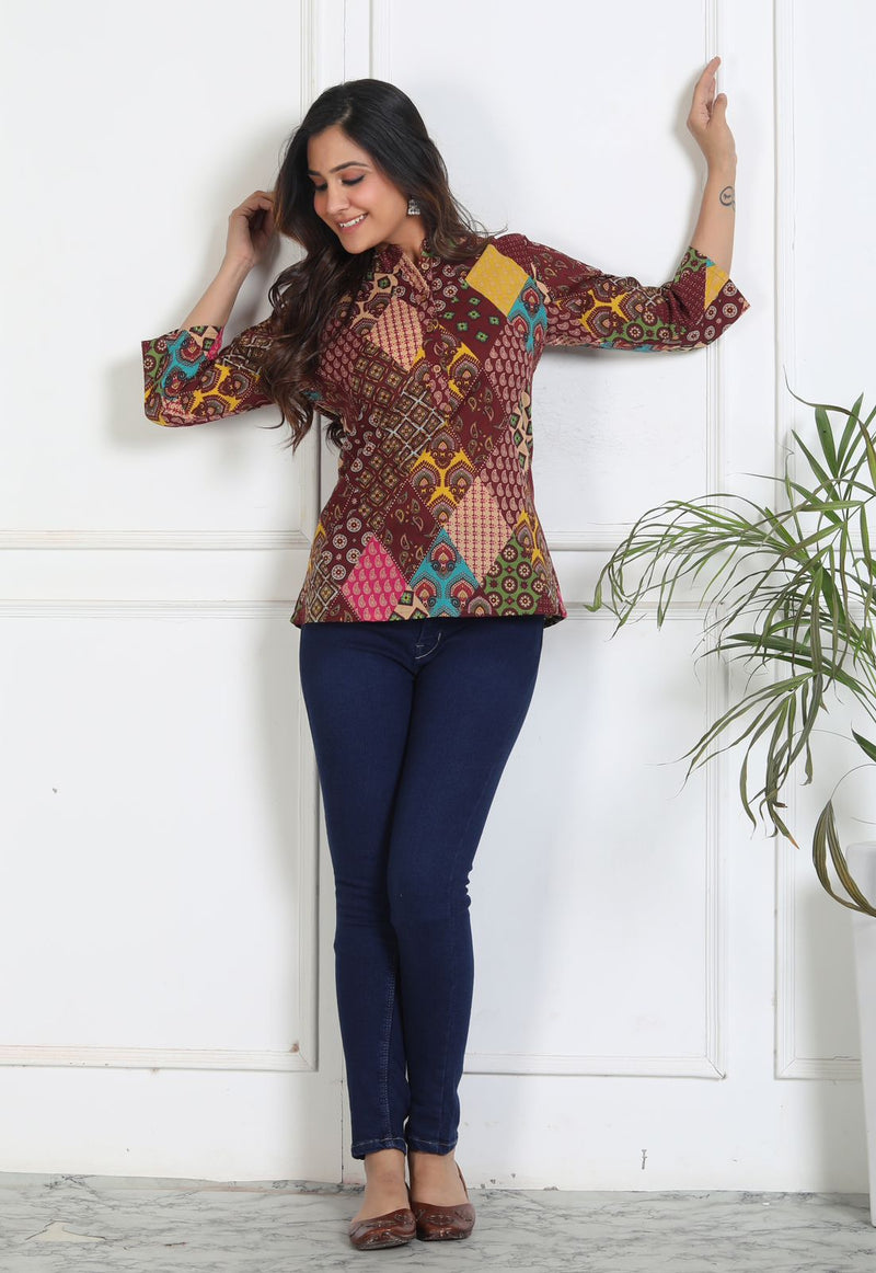 Model wearing brown casual cotton short kurta