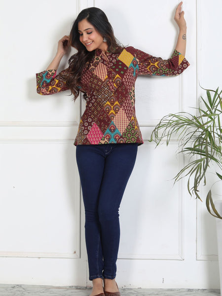 Model wearing brown casual cotton short kurta