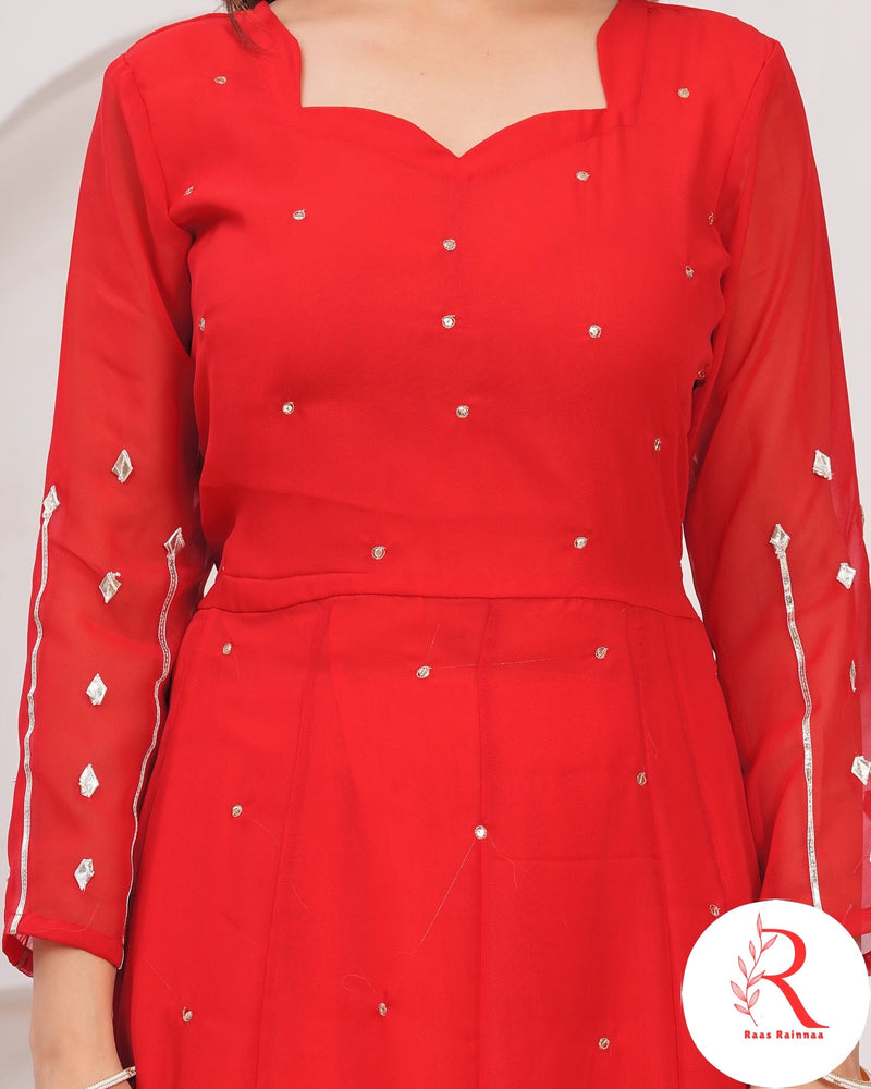 🌶️🌶️ Gulnar” – Red Gota Handworked Georgette Anarkali Set