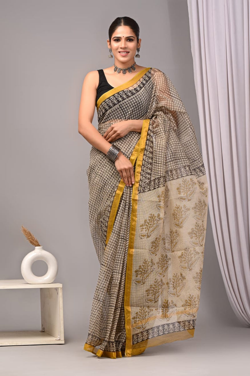 RangBagru Hand Block Printed Kota Doriya Saree with Blouse Piece