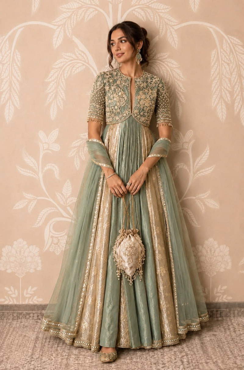 Rasrainaa Noor-e-Mehfil Embroidered Flared Anarkali Gown with Dupatta | Designer Festive Wear