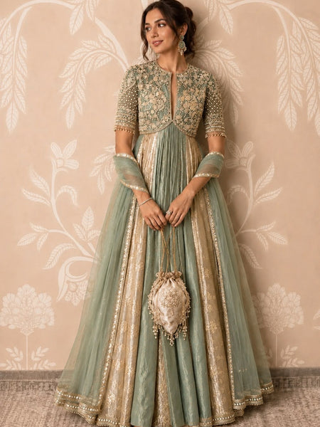 Rasrainaa Noor-e-Mehfil Embroidered Flared Anarkali Gown with Dupatta | Designer Festive Wear