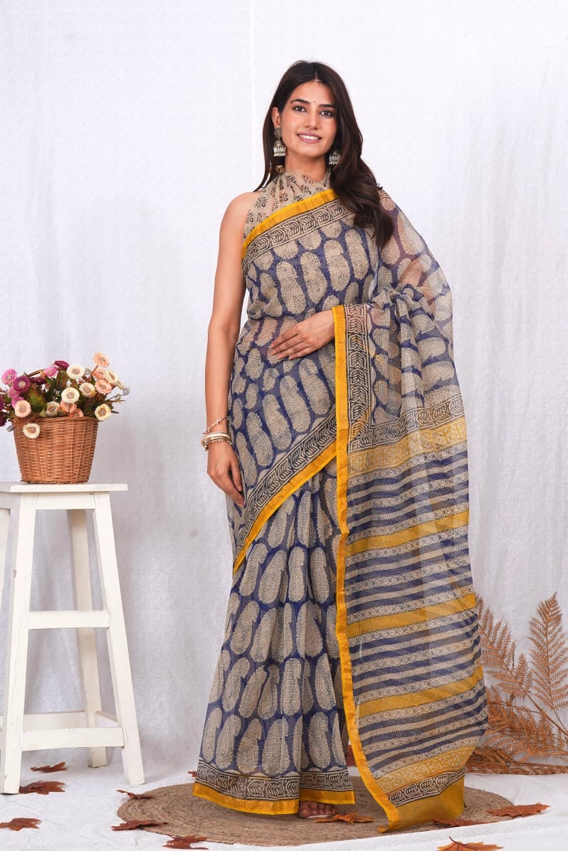 RangBagru Hand Block Printed Kota Doriya Saree with Blouse Piece