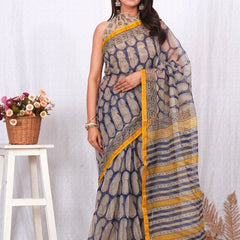 RangBagru Hand Block Printed Kota Doriya Saree with Blouse Piece