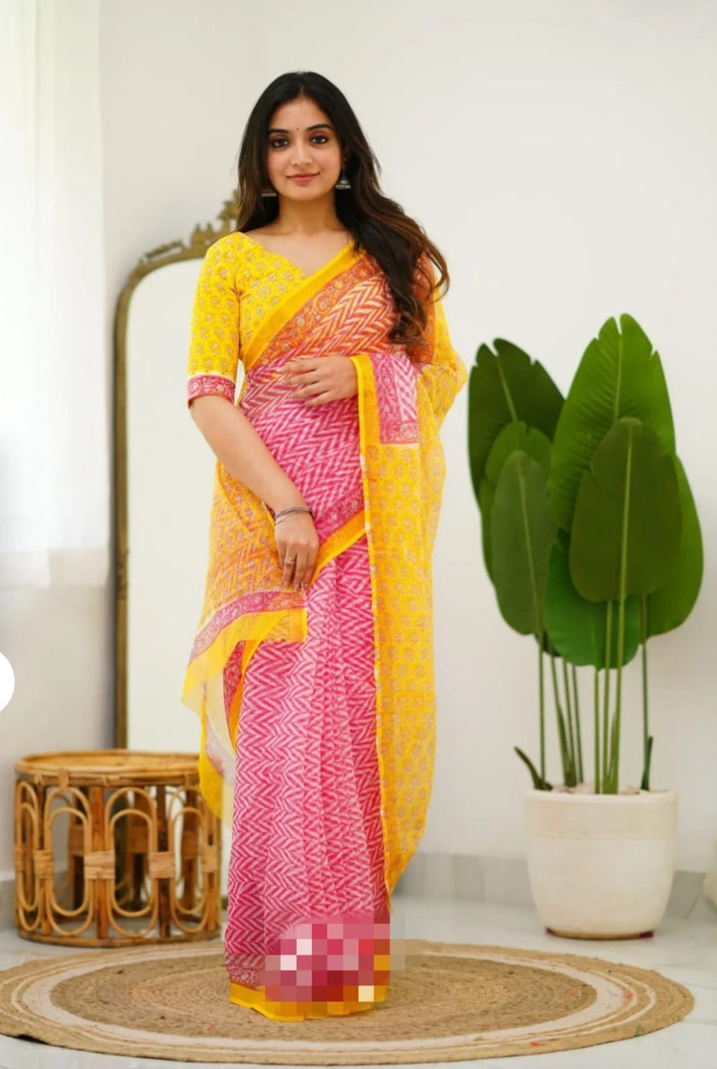 RangBagru Hand Block Printed Kota Doriya Saree with Blouse Piece
