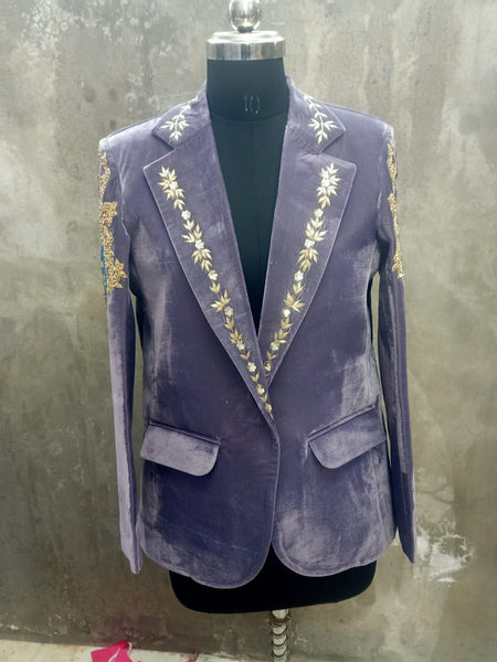 Women Lavender Velvet Embroidered Blazer