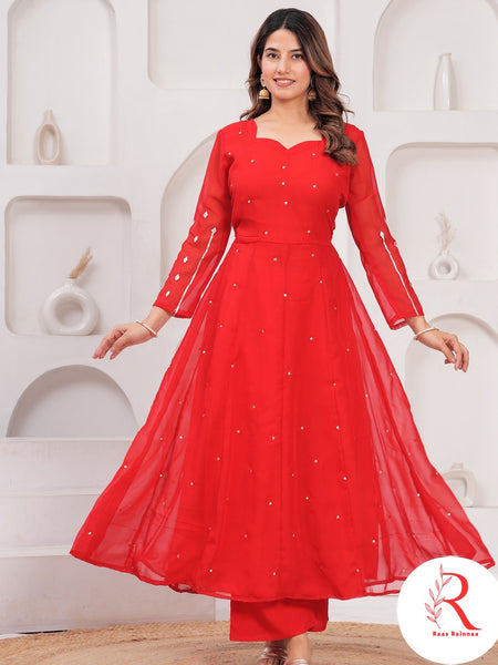 🌶️🌶️ Gulnar” – Red Gota Handworked Georgette Anarkali Set