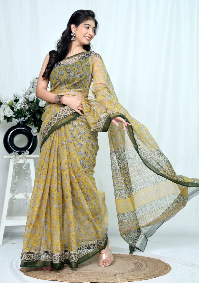 RangBagru Hand Block Printed Kota Doriya Saree with Blouse Piece