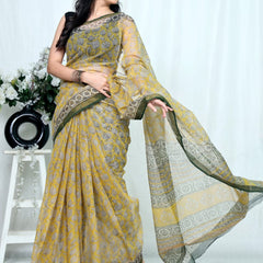 RangBagru Hand Block Printed Kota Doriya Saree with Blouse Piece