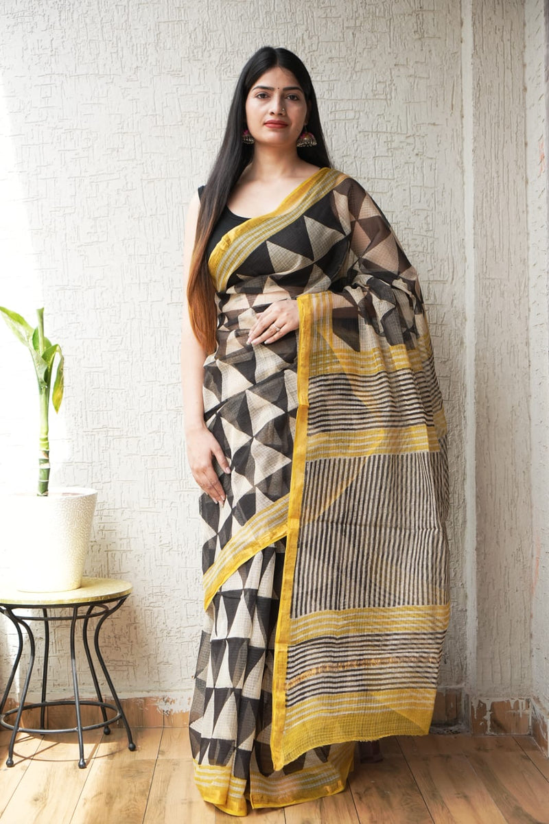 RangBagru Hand Block Printed Kota Doriya Saree with Blouse Piece