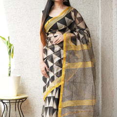 RangBagru Hand Block Printed Kota Doriya Saree with Blouse Piece