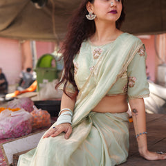 Mint Elegance – Embroidered Silk Saree with Intricate Floral Handwork