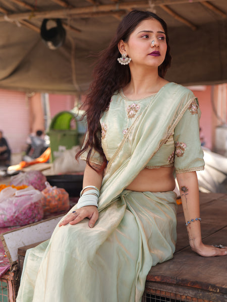 Mint Elegance – Embroidered Silk Saree with Intricate Floral Handwork