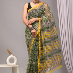 RangBagru Hand Block Printed Kota Doriya Saree with Blouse Piece