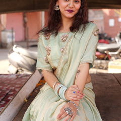 Mint Elegance – Embroidered Silk Saree with Intricate Floral Handwork