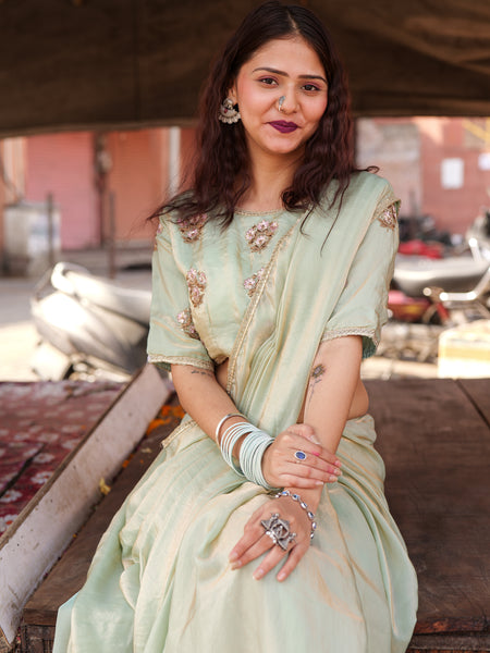 Mint Elegance – Embroidered Silk Saree with Intricate Floral Handwork