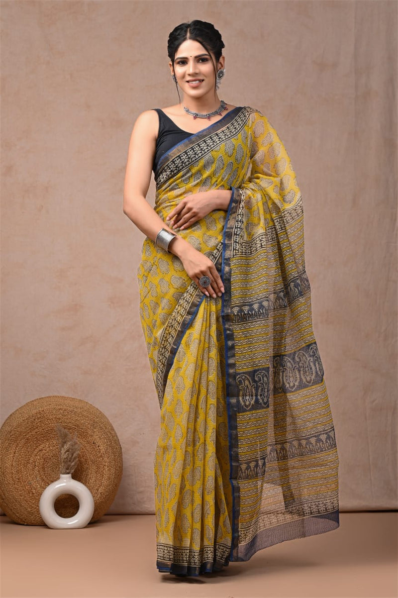 RangBagru Hand Block Printed Kota Doriya Saree with Blouse Piece