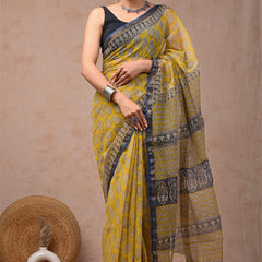 RangBagru Hand Block Printed Kota Doriya Saree with Blouse Piece