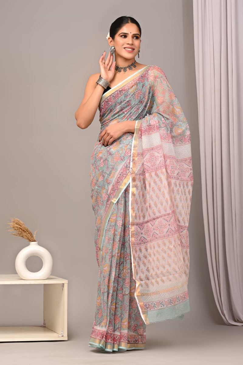 RangBagru Hand Block Printed Kota Doriya Saree with Blouse Piece