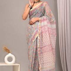 RangBagru Hand Block Printed Kota Doriya Saree with Blouse Piece
