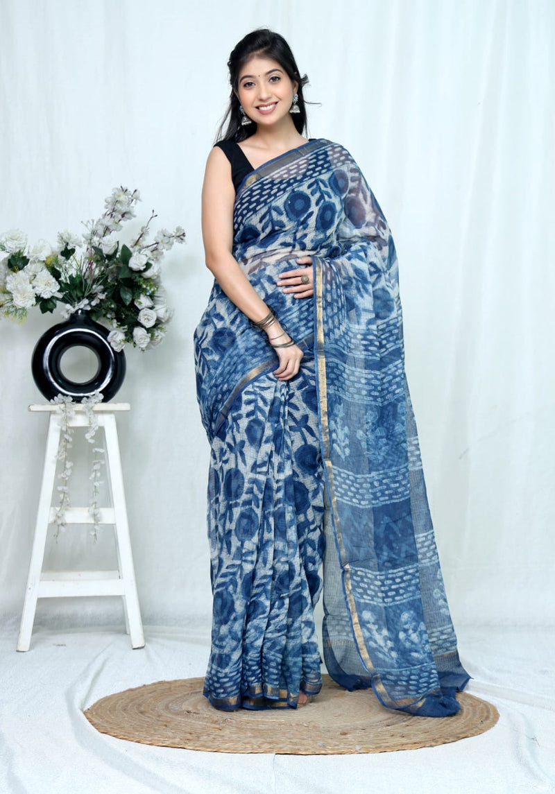 RangBagru Hand Block Printed Kota Doriya Saree with Blouse Piece