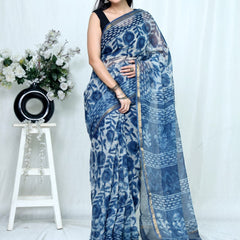 RangBagru Hand Block Printed Kota Doriya Saree with Blouse Piece