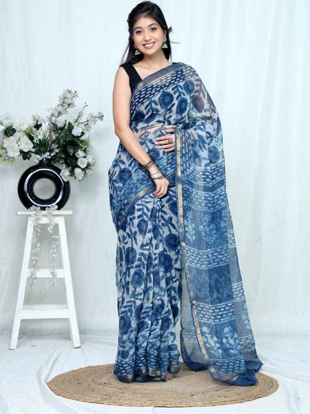 RangBagru Hand Block Printed Kota Doriya Saree with Blouse Piece