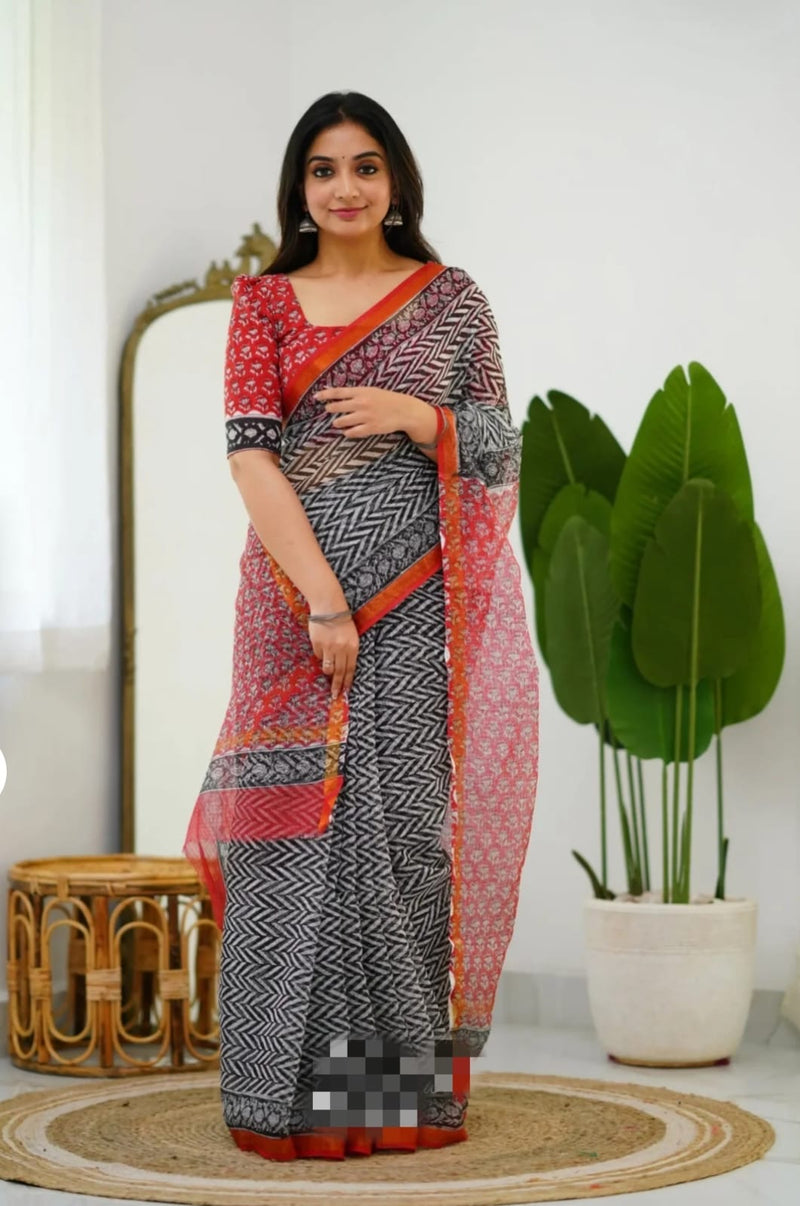 RangBagru Hand Block Printed Kota Doriya Saree with Blouse Piece