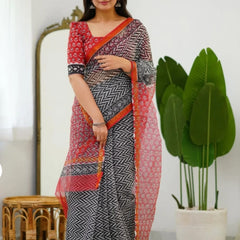 RangBagru Hand Block Printed Kota Doriya Saree with Blouse Piece