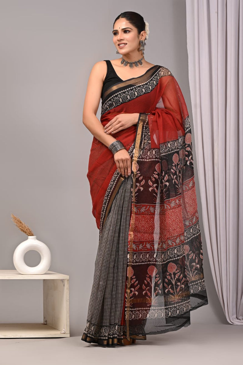 RangBagru Hand Block Printed Kota Doriya Saree with Blouse Piece