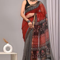 RangBagru Hand Block Printed Kota Doriya Saree with Blouse Piece