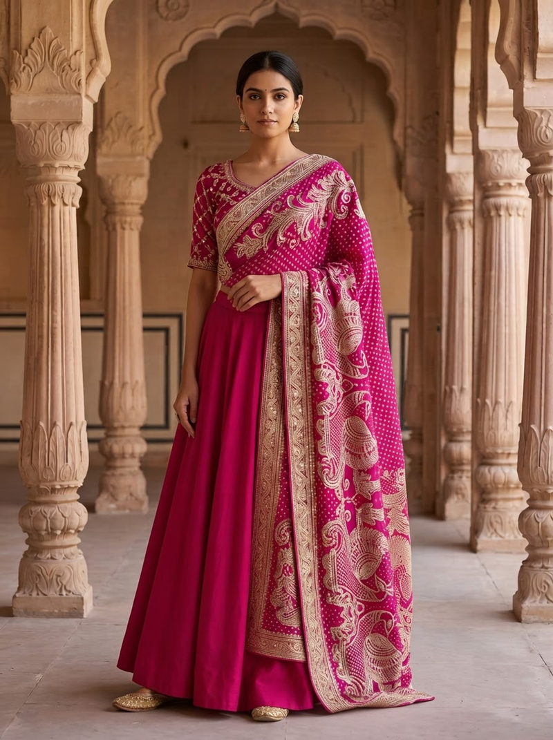 Handcrafted Gajji Silk Handwork Dupatta with Traditional Paisley & Bandhani-Inspired Embroidery