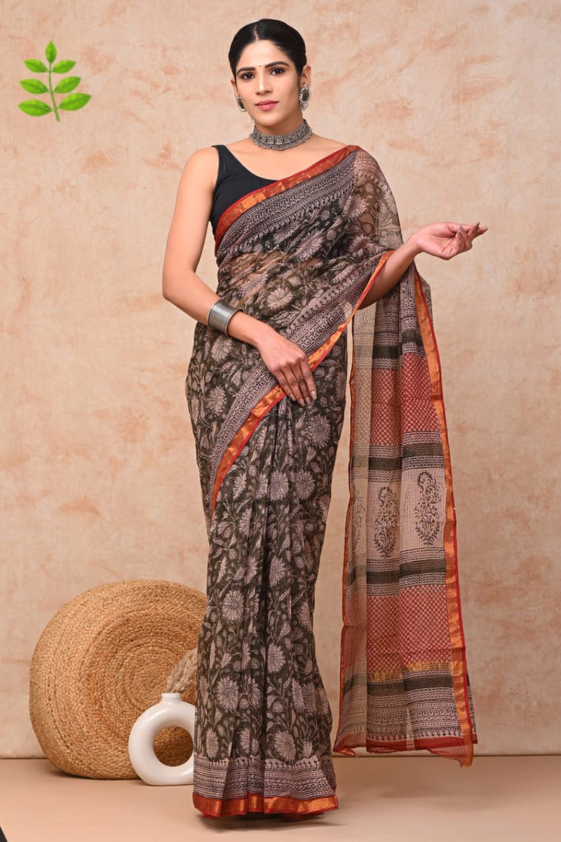RangBagru Hand Block Printed Kota Doriya Saree with Blouse Piece
