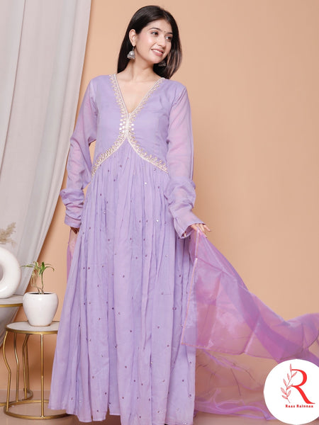 Phoolvadi – Lavender Handworked Mulmul Anarkali Set