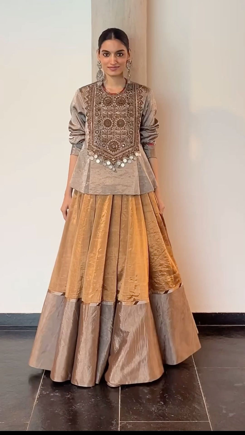 Antique Hand-Embroidered Peplum Kurti with Flared Lehenga Set