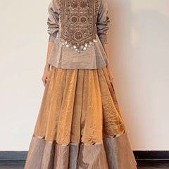 Antique Hand-Embroidered Peplum Kurti with Flared Lehenga Set