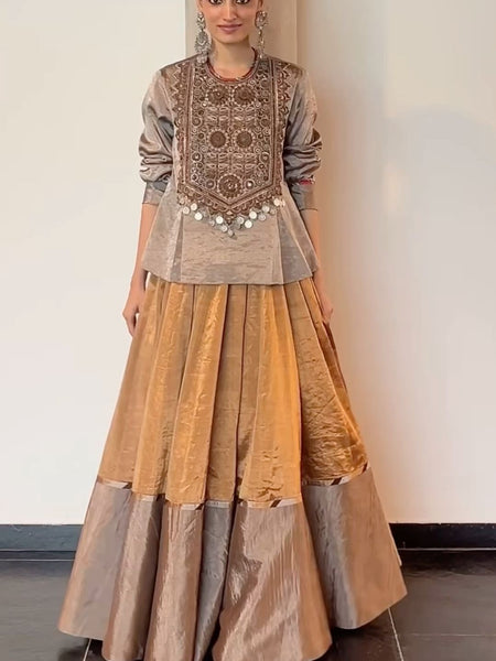 Antique Hand-Embroidered Peplum Kurti with Flared Lehenga Set