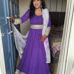 Royal Purple Bandhani Lehenga Style Anarkali Suit with Intricate Zari Border & Dupatta | Rasrainaa