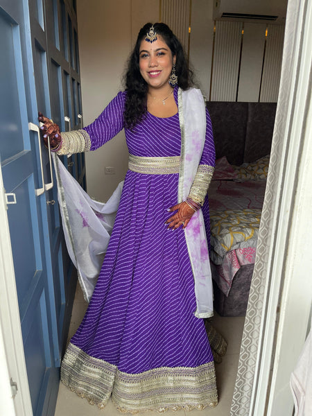 Royal Purple Bandhani Lehenga Style Anarkali Suit with Intricate Zari Border & Dupatta | Rasrainaa