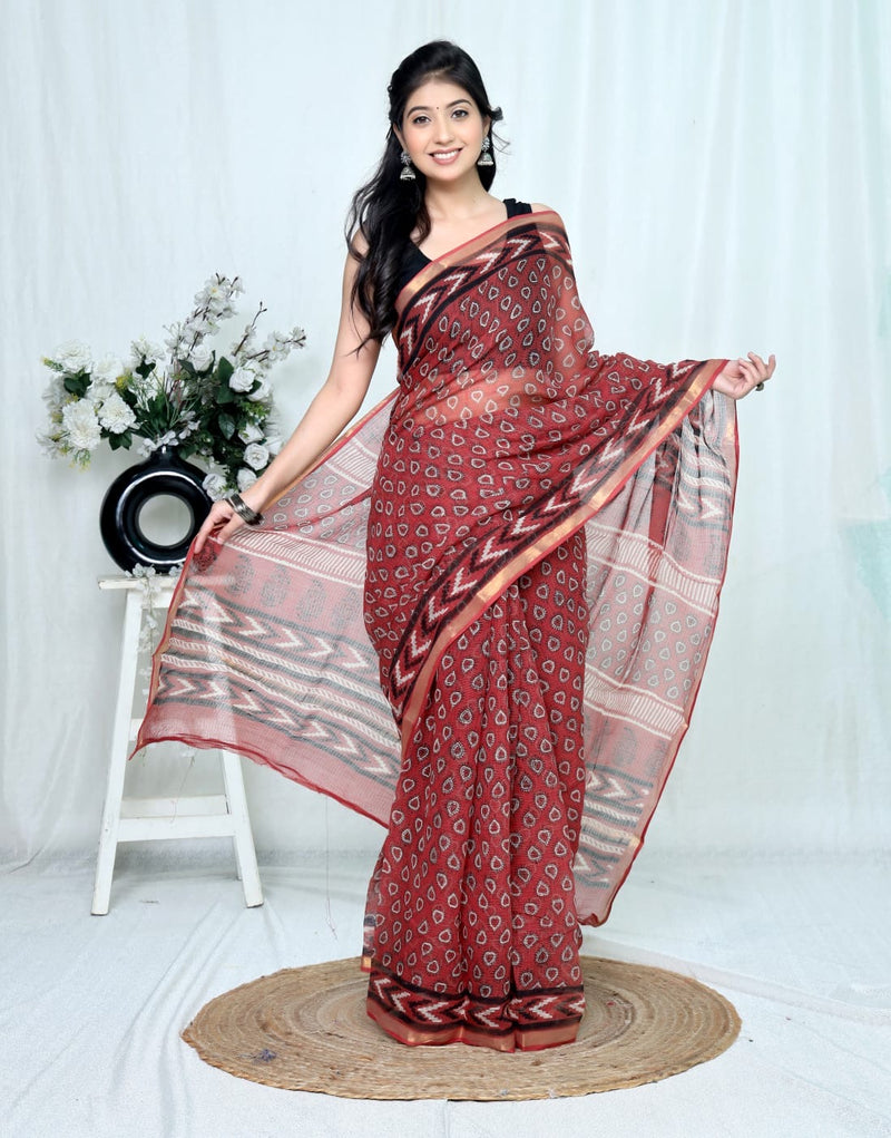 RangBagru Hand Block Printed Kota Doriya Saree with Blouse Piece