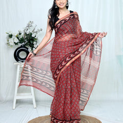 RangBagru Hand Block Printed Kota Doriya Saree with Blouse Piece