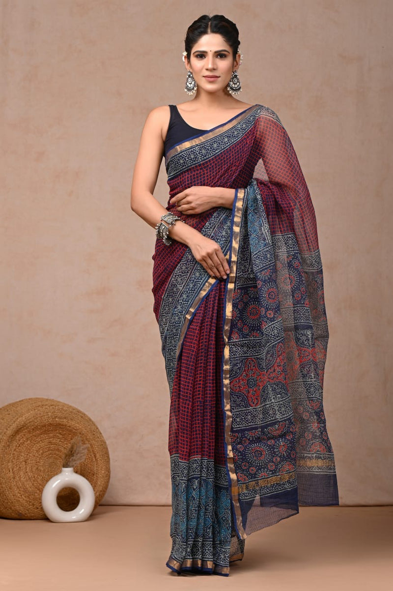 RangBagru Hand Block Printed Kota Doriya Saree with Blouse Piece