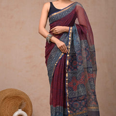 RangBagru Hand Block Printed Kota Doriya Saree with Blouse Piece